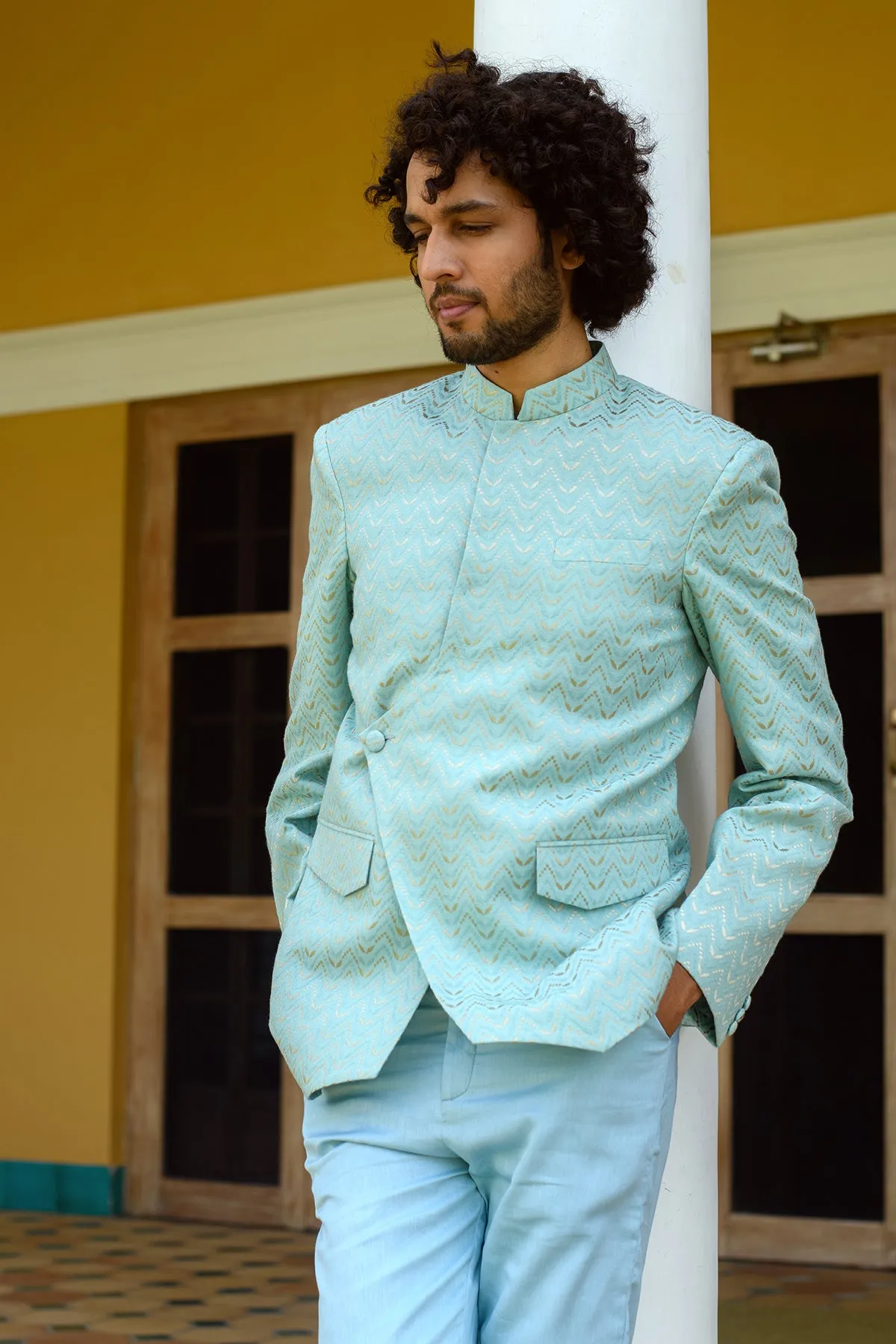 RAMEY -  Organic Cotton Dobby  Blue Jodhpuri paired with Vegan Silk  trouser set