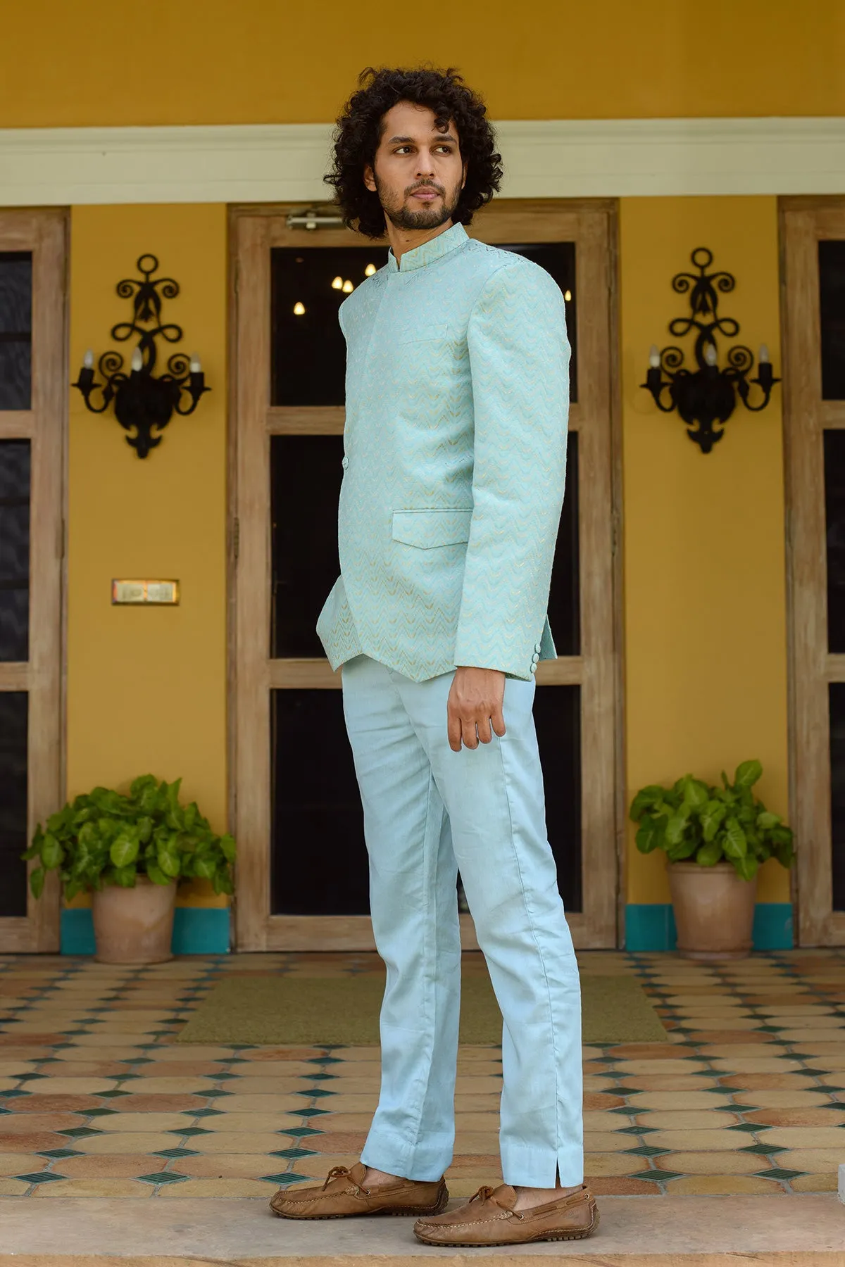 RAMEY -  Organic Cotton Dobby  Blue Jodhpuri paired with Vegan Silk  trouser set