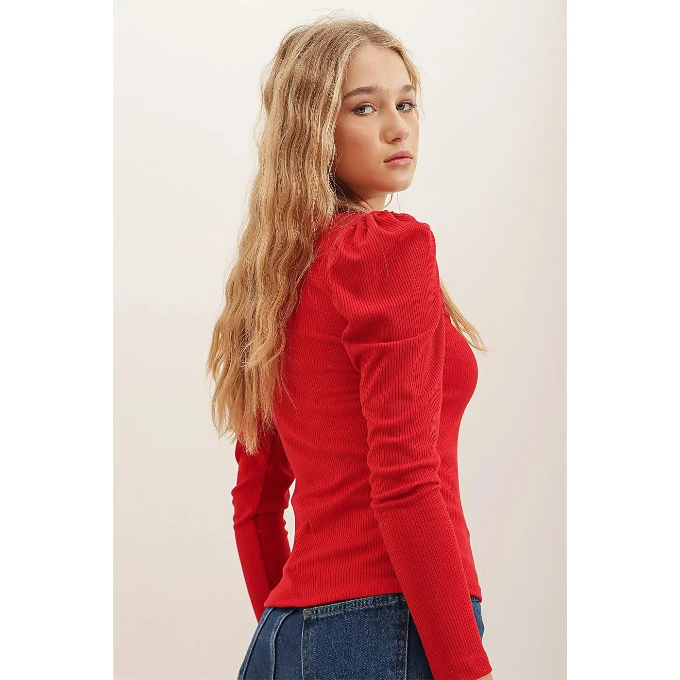 Red Puff Shoulder Turtleneck Top