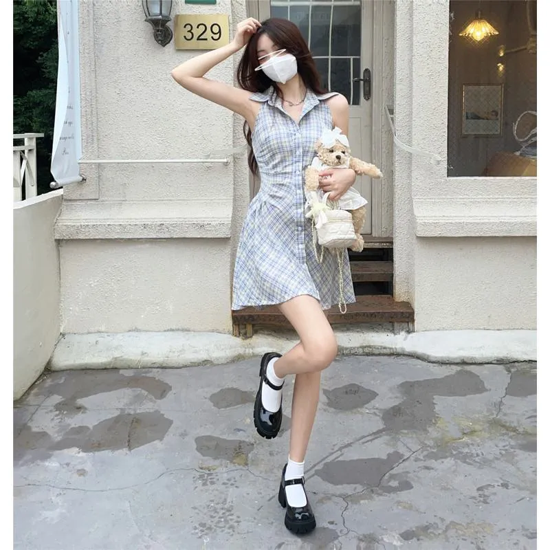 Retro Slimming Cinched Waist Plaid Sleeveless Dress