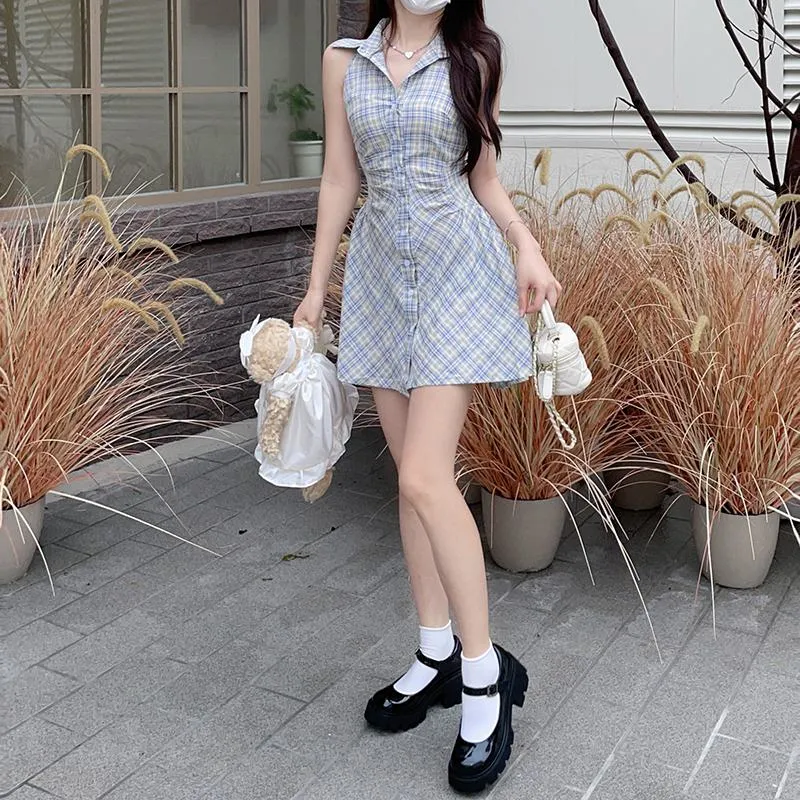 Retro Slimming Cinched Waist Plaid Sleeveless Dress