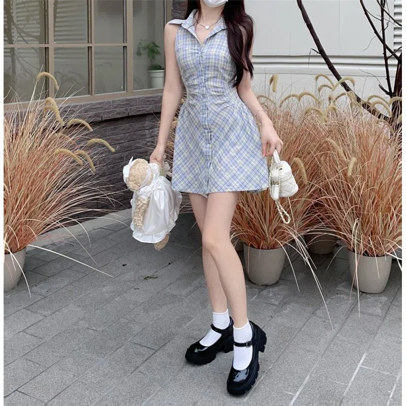 Retro Slimming Cinched Waist Plaid Sleeveless Dress