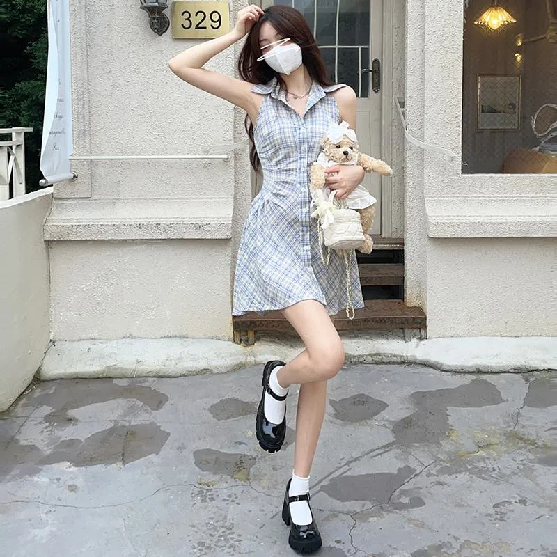 Retro Slimming Cinched Waist Plaid Sleeveless Dress