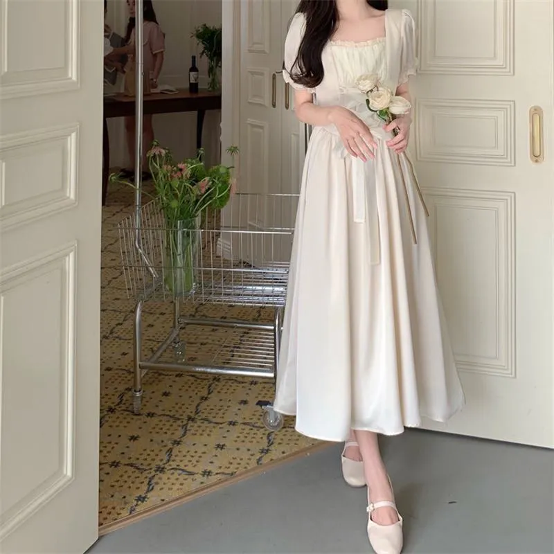 Retro Slimming Romantic Cinched Waist Tie-Up Square Collar French Style Dress