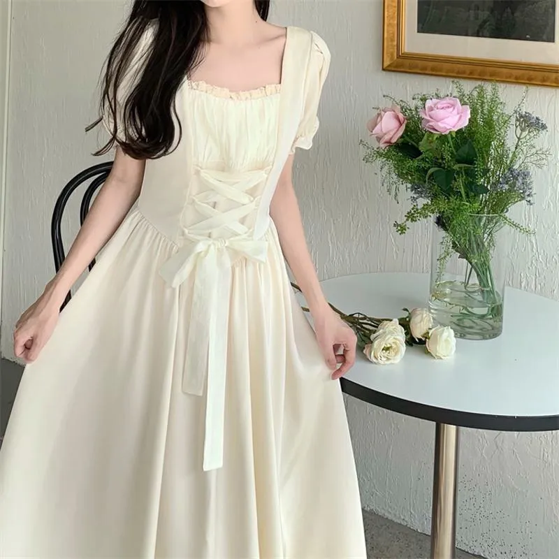 Retro Slimming Romantic Cinched Waist Tie-Up Square Collar French Style Dress