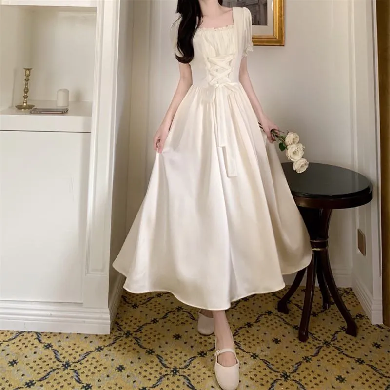 Retro Slimming Romantic Cinched Waist Tie-Up Square Collar French Style Dress