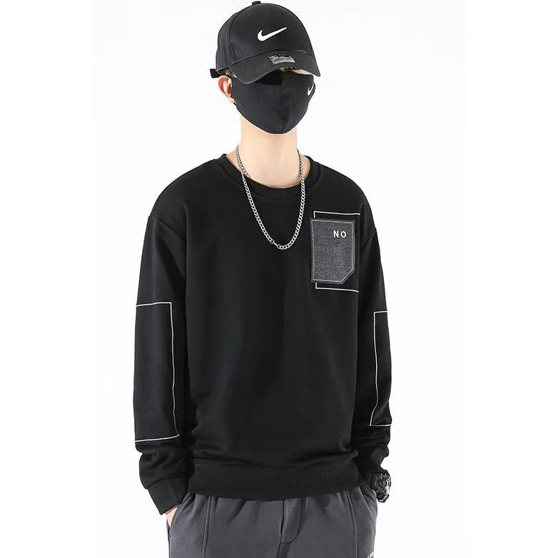 Round Neck Loose Fit Pocket Print Men's Sweatshirt