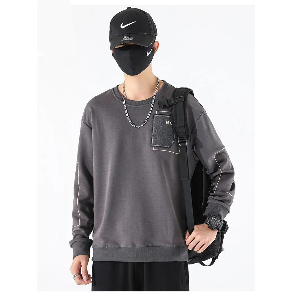 Round Neck Loose Fit Pocket Print Men's Sweatshirt