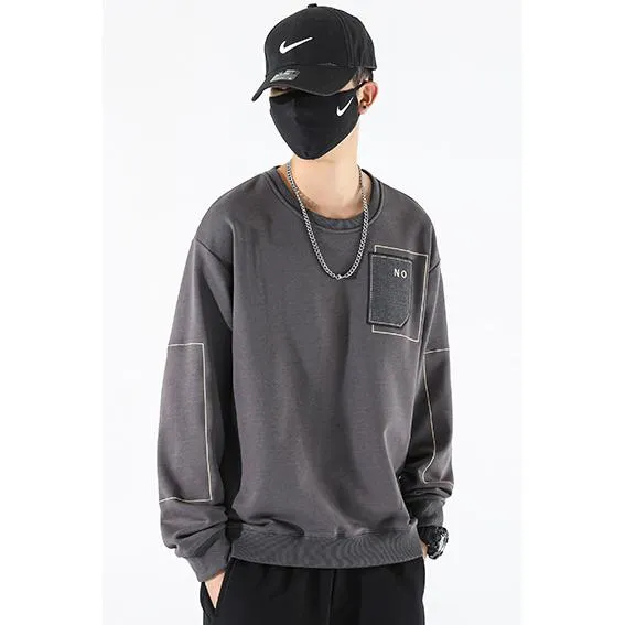 Round Neck Loose Fit Pocket Print Men's Sweatshirt