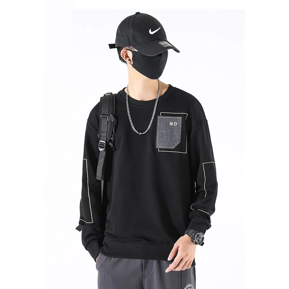 Round Neck Loose Fit Pocket Print Men's Sweatshirt