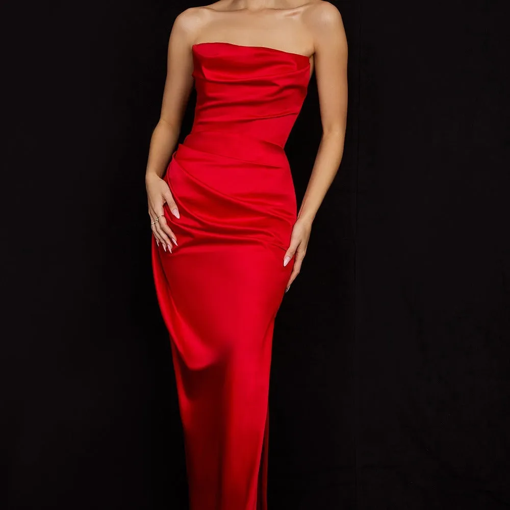 Satin Tube Top Split Knee-length Dress