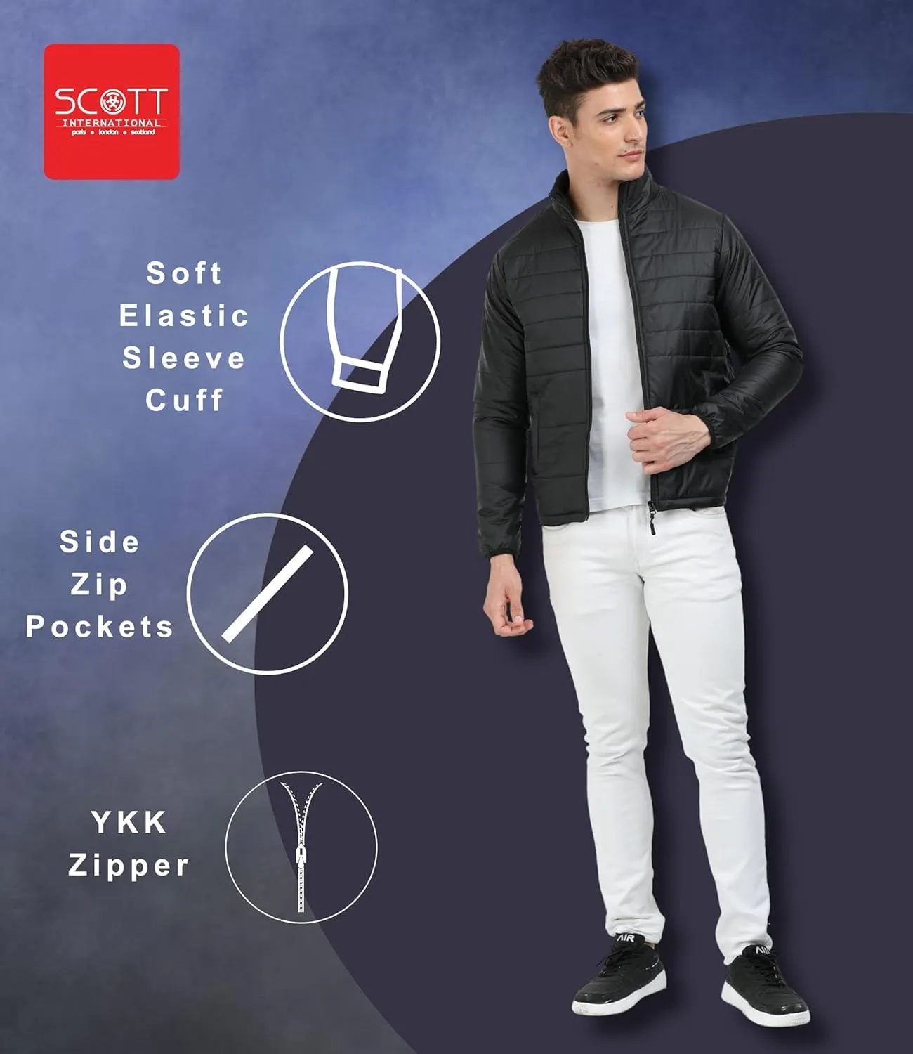 Scott International Men 's Quilted Puffer Jacket - Lightweight, Water Repellant, Elastic Cuffs, Zipped Pockets, Casual Winter Jacket - Stylish Outerwear for Men (SS23_TWRAP-JKT-BL_Large, Black, L)