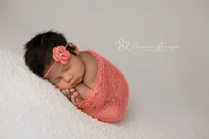 SET Coral Peach Mohair Knit Baby Wrap and Headband