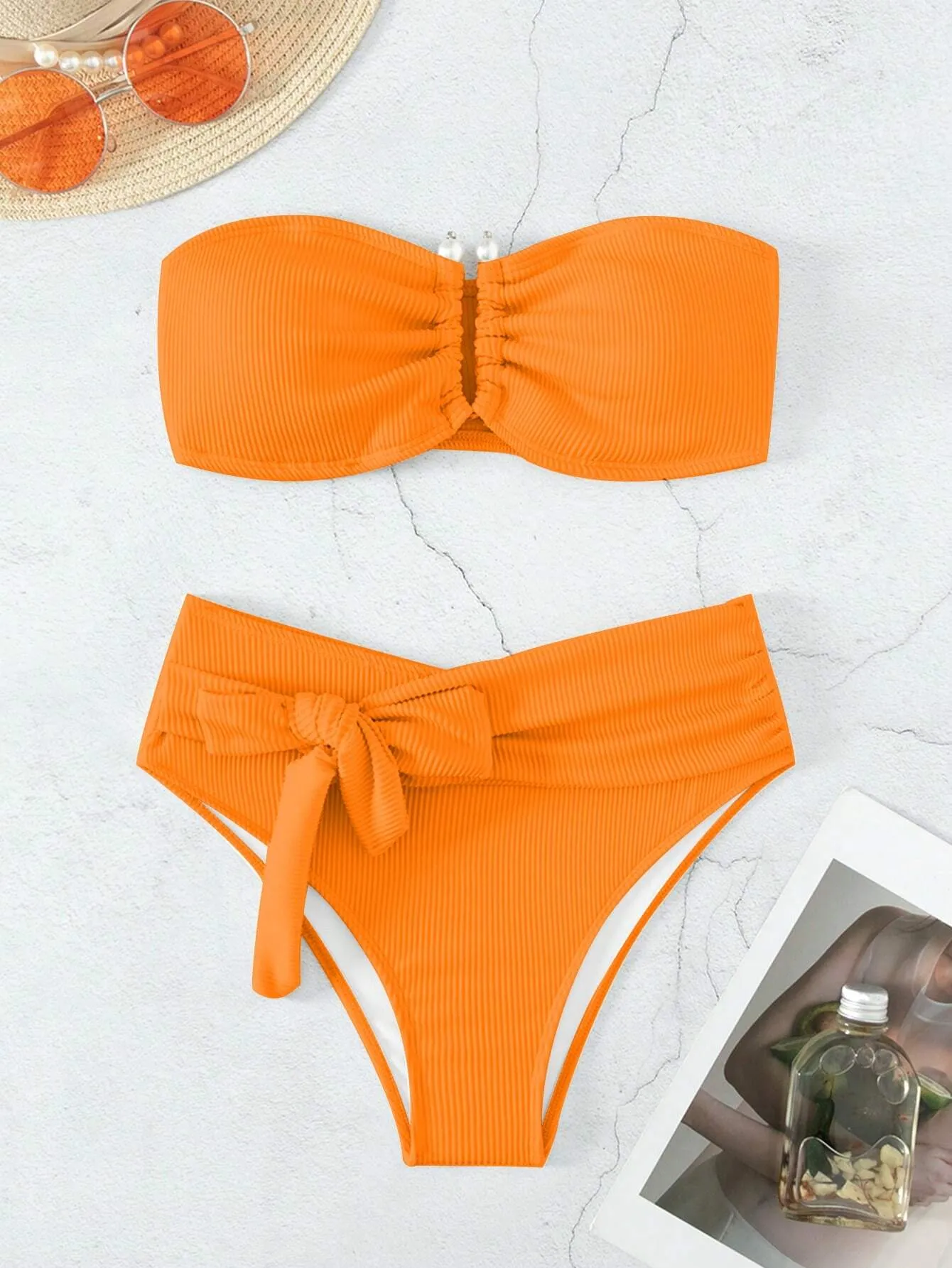 SHEIN Swim Summer Beach Rib Knot Front Bandeau Bikini Set