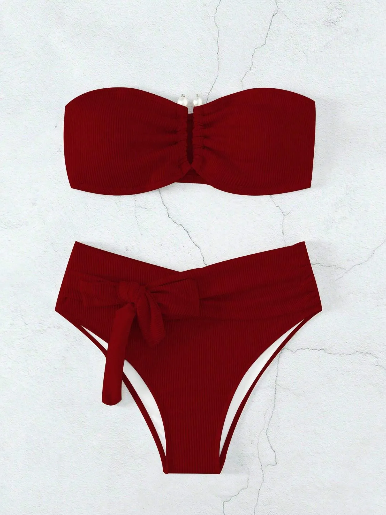 SHEIN Swim Summer Beach Rib Knot Front Bandeau Bikini Set