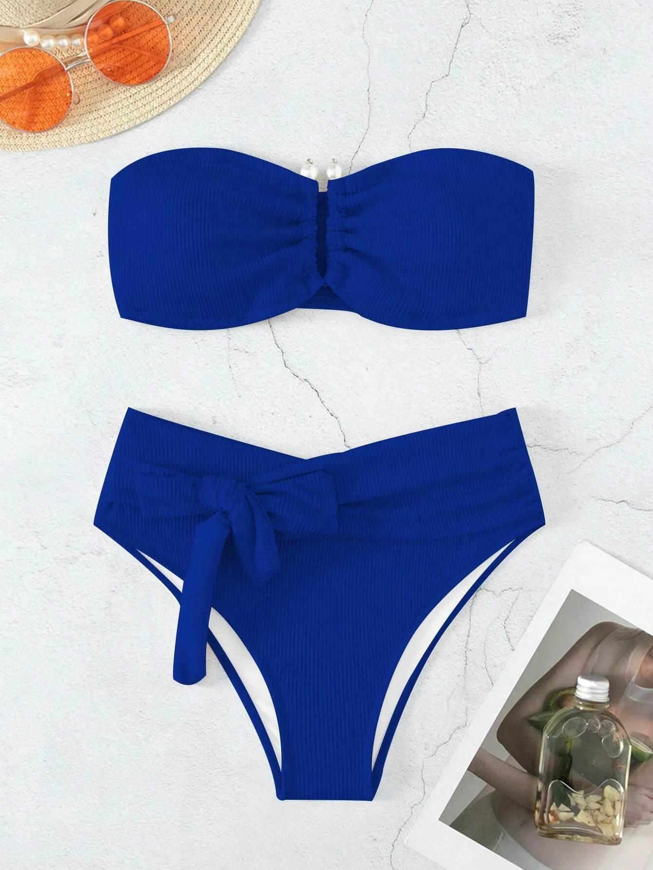 SHEIN Swim Summer Beach Rib Knot Front Bandeau Bikini Set