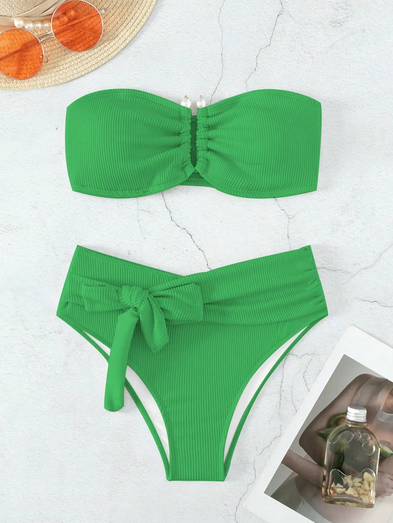 SHEIN Swim Summer Beach Rib Knot Front Bandeau Bikini Set