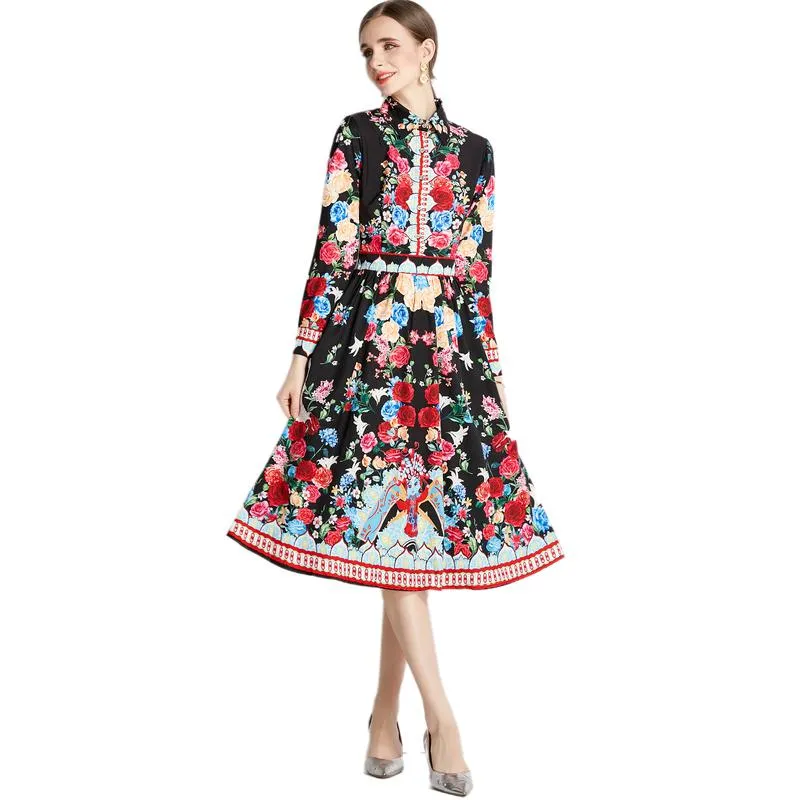 Slim-Fit Retro Style Print Midi Full Skirt Style Petite Dress