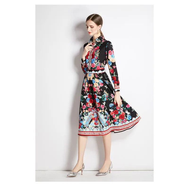 Slim-Fit Retro Style Print Midi Full Skirt Style Petite Dress