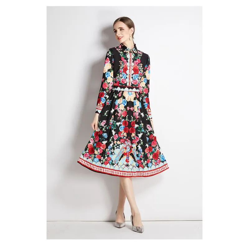 Slim-Fit Retro Style Print Midi Full Skirt Style Petite Dress