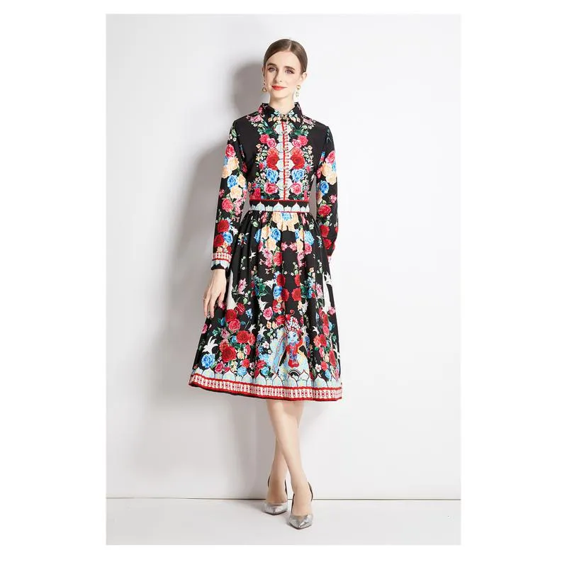 Slim-Fit Retro Style Print Midi Full Skirt Style Petite Dress