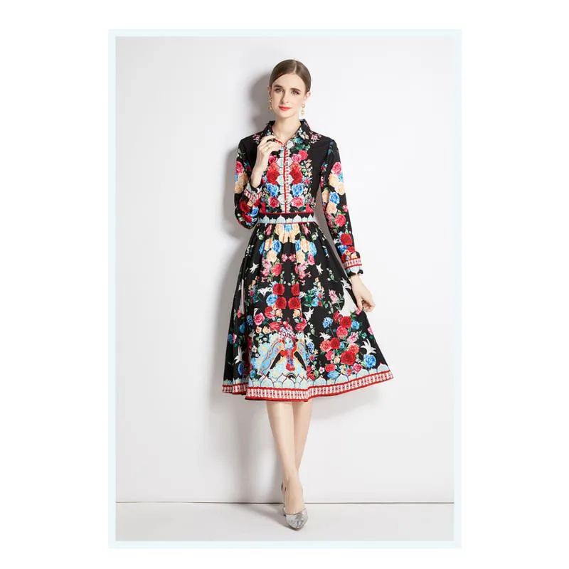 Slim-Fit Retro Style Print Midi Full Skirt Style Petite Dress