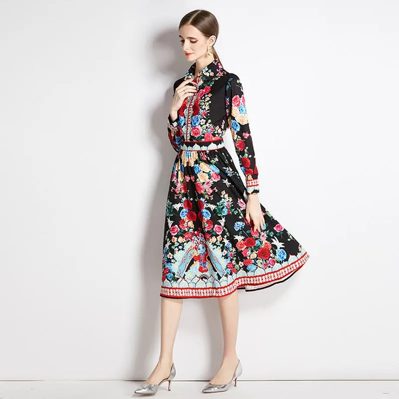 Slim-Fit Retro Style Print Midi Full Skirt Style Petite Dress