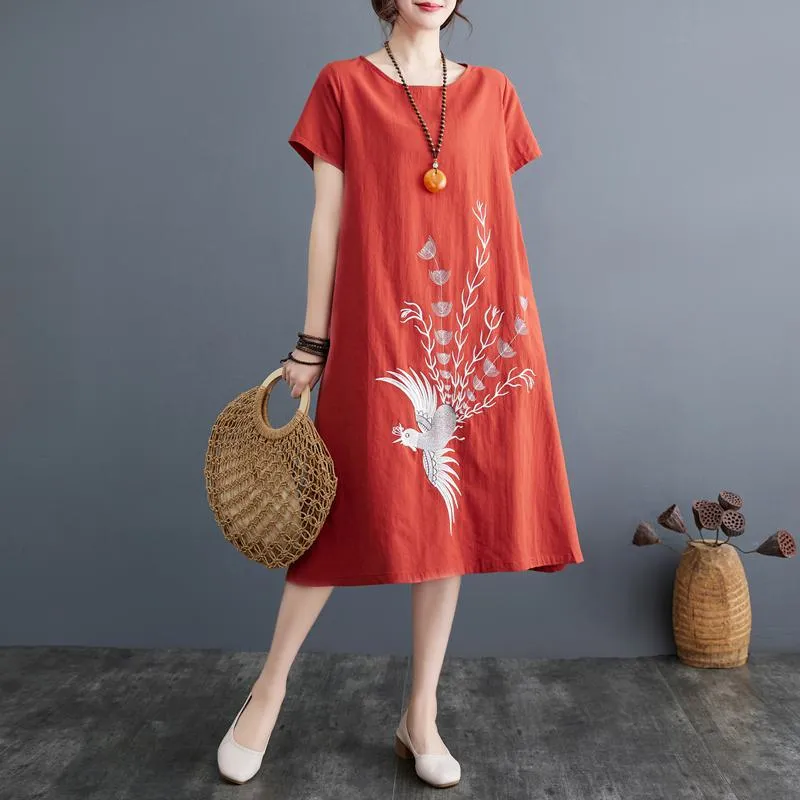 Slimming Plus Embroidery Loose Fit A-Line Artistic Linen Dress