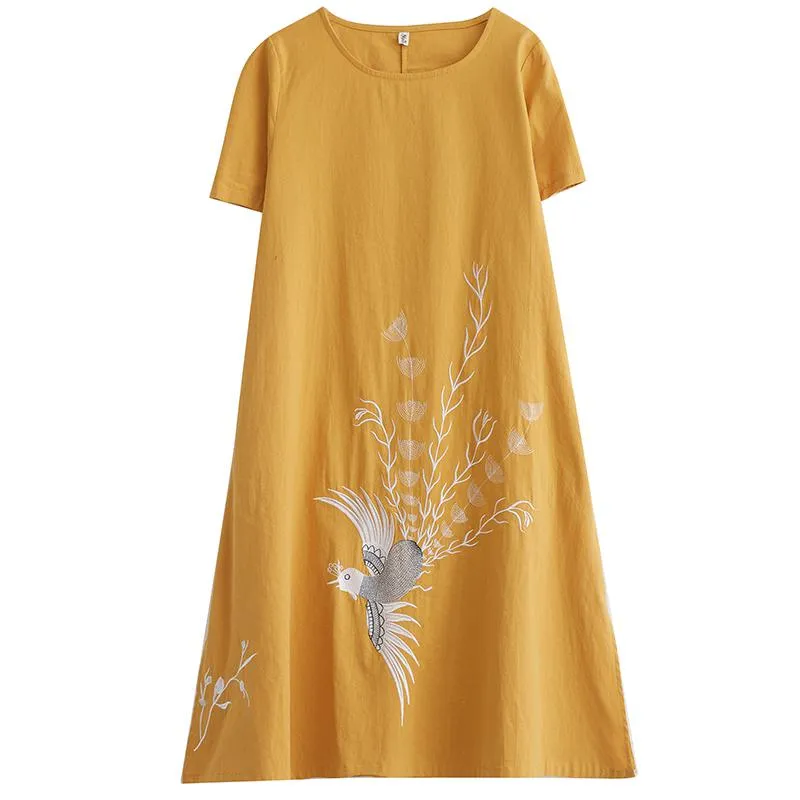 Slimming Plus Embroidery Loose Fit A-Line Artistic Linen Dress