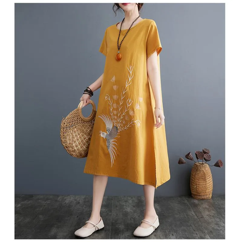 Slimming Plus Embroidery Loose Fit A-Line Artistic Linen Dress