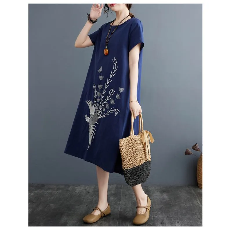 Slimming Plus Embroidery Loose Fit A-Line Artistic Linen Dress