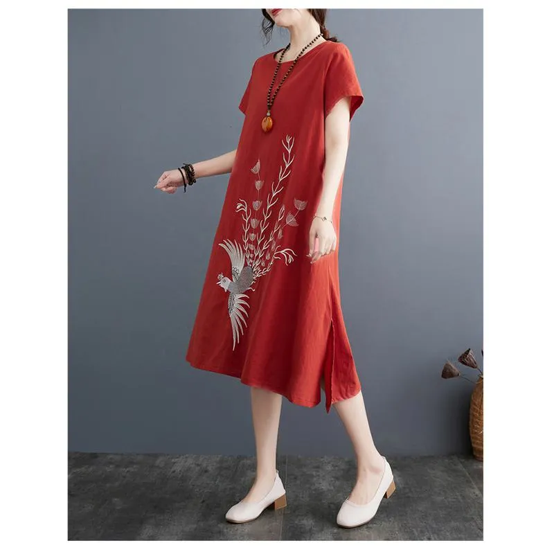 Slimming Plus Embroidery Loose Fit A-Line Artistic Linen Dress