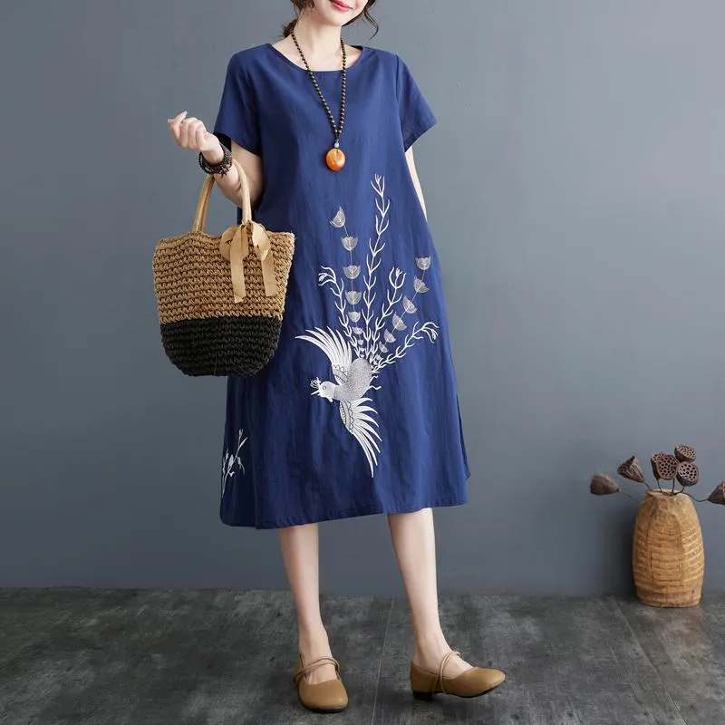 Slimming Plus Embroidery Loose Fit A-Line Artistic Linen Dress