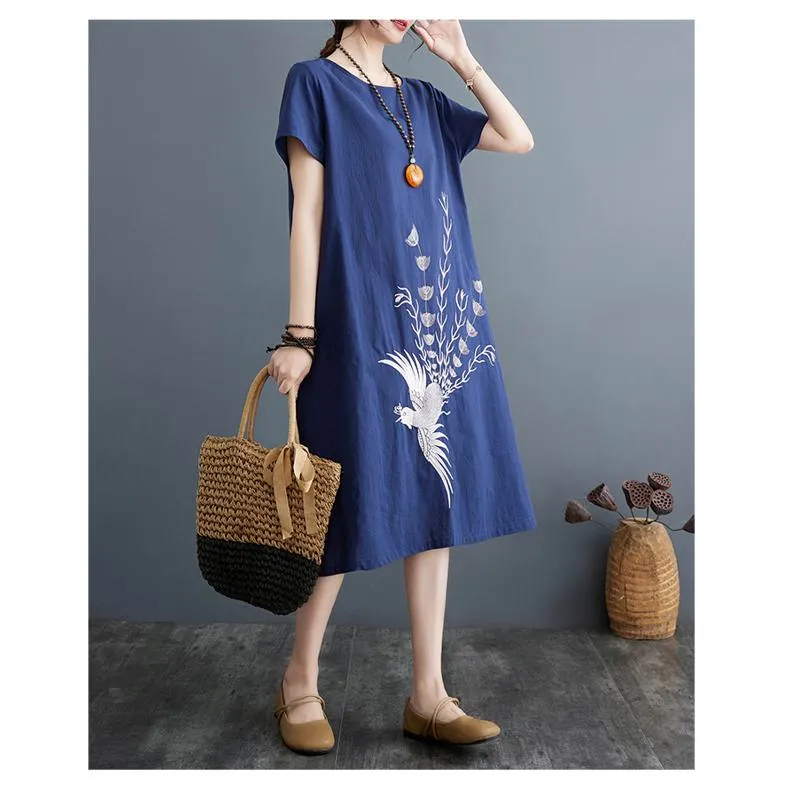 Slimming Plus Embroidery Loose Fit A-Line Artistic Linen Dress