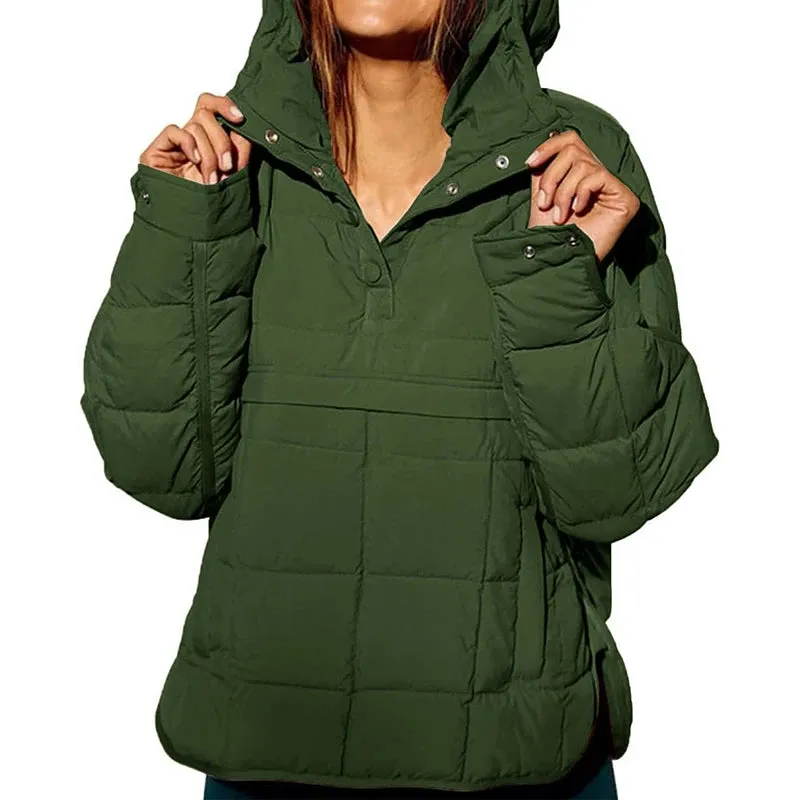 Solid Color Padded Jacket For Women. Long Sleeves Hooded Pullovers.