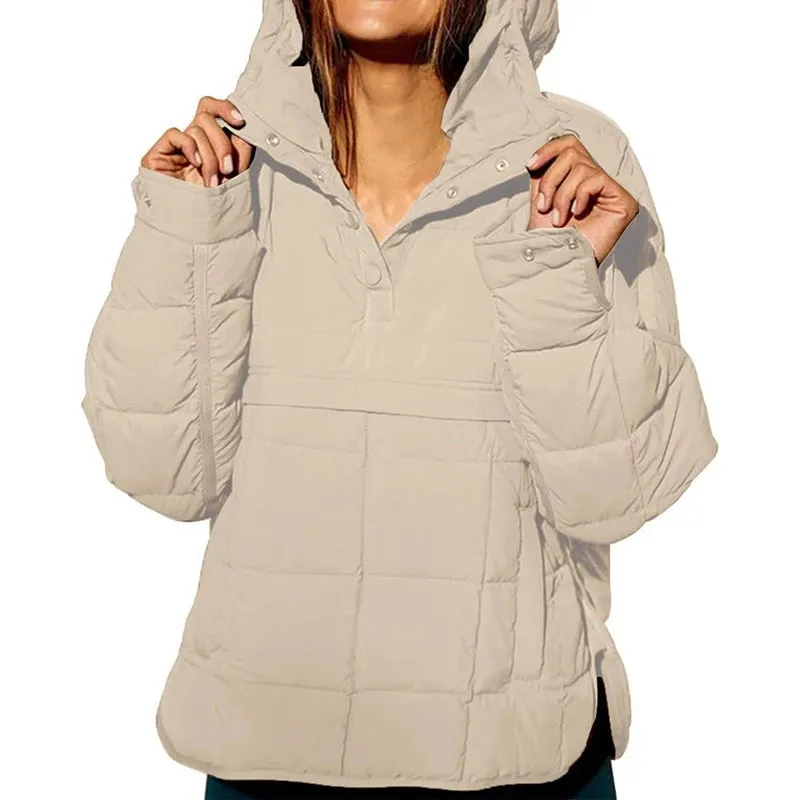 Solid Color Padded Jacket For Women. Long Sleeves Hooded Pullovers.