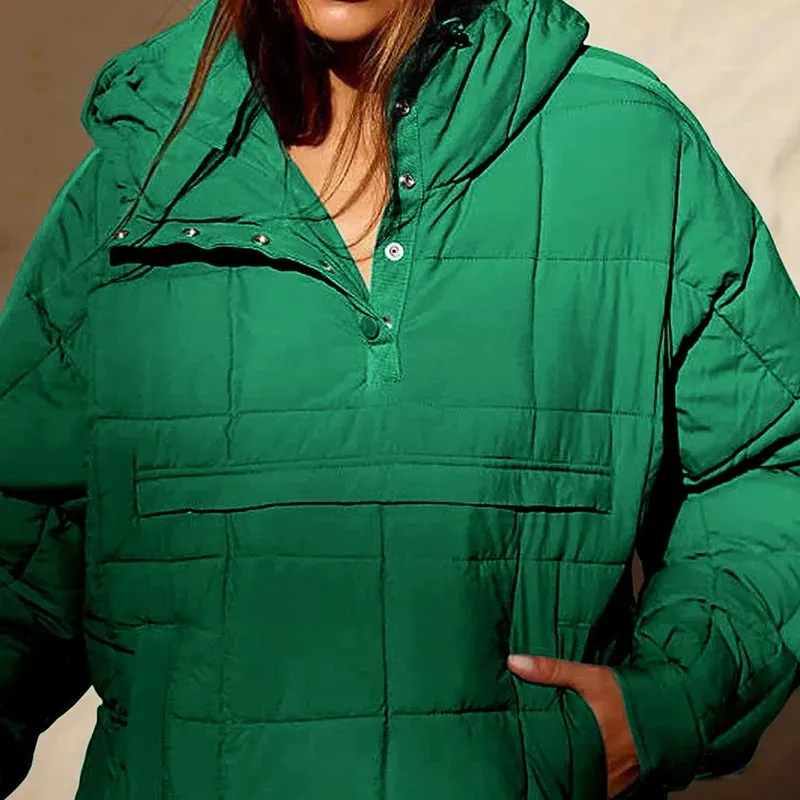 Solid Color Padded Jacket For Women. Long Sleeves Hooded Pullovers.