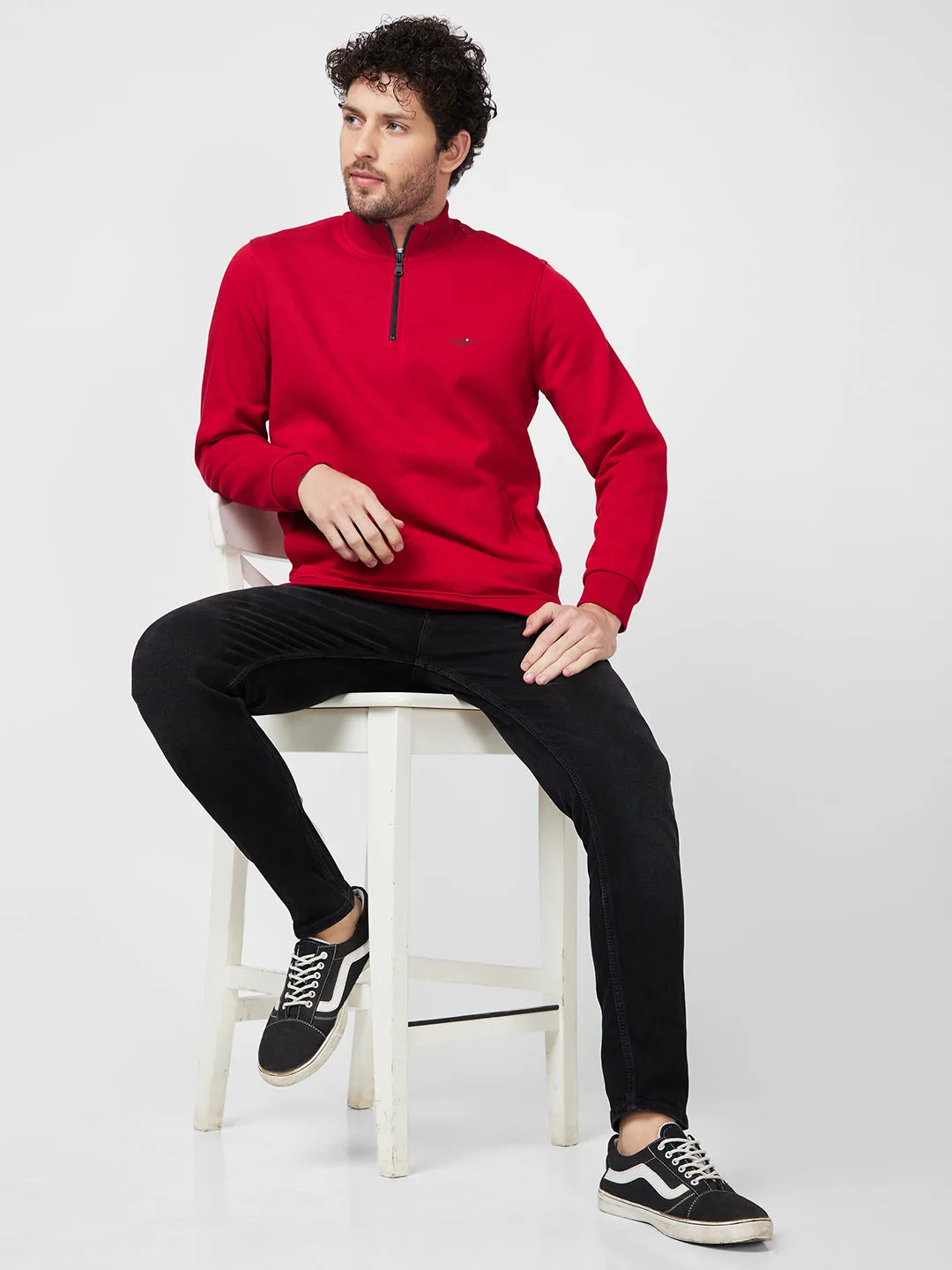 Spykar High Neck Full Sleeve Red Sweatshirt For Men