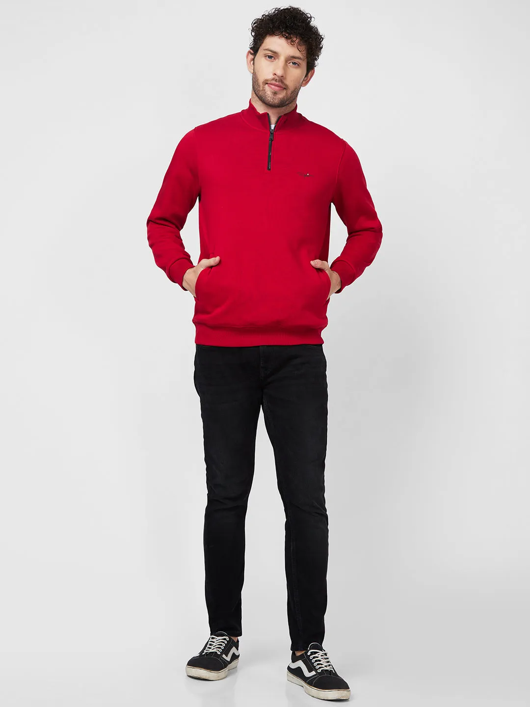 Spykar High Neck Full Sleeve Red Sweatshirt For Men