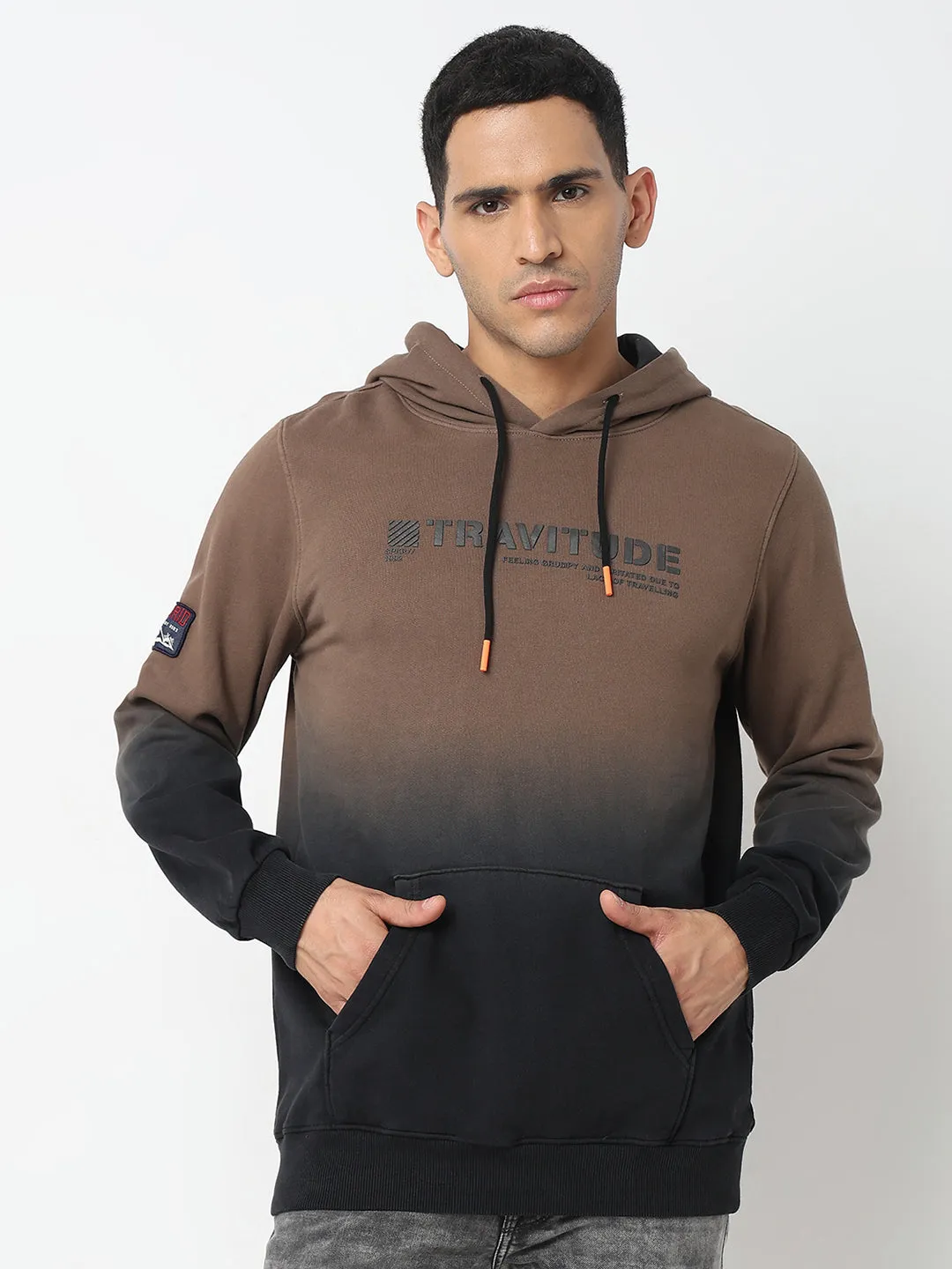 Spykar Hooded Full Sleeves Khaki Sweatshirt For Men