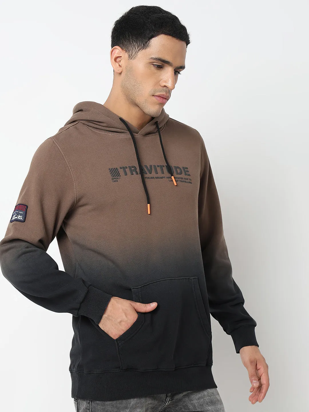 Spykar Hooded Full Sleeves Khaki Sweatshirt For Men