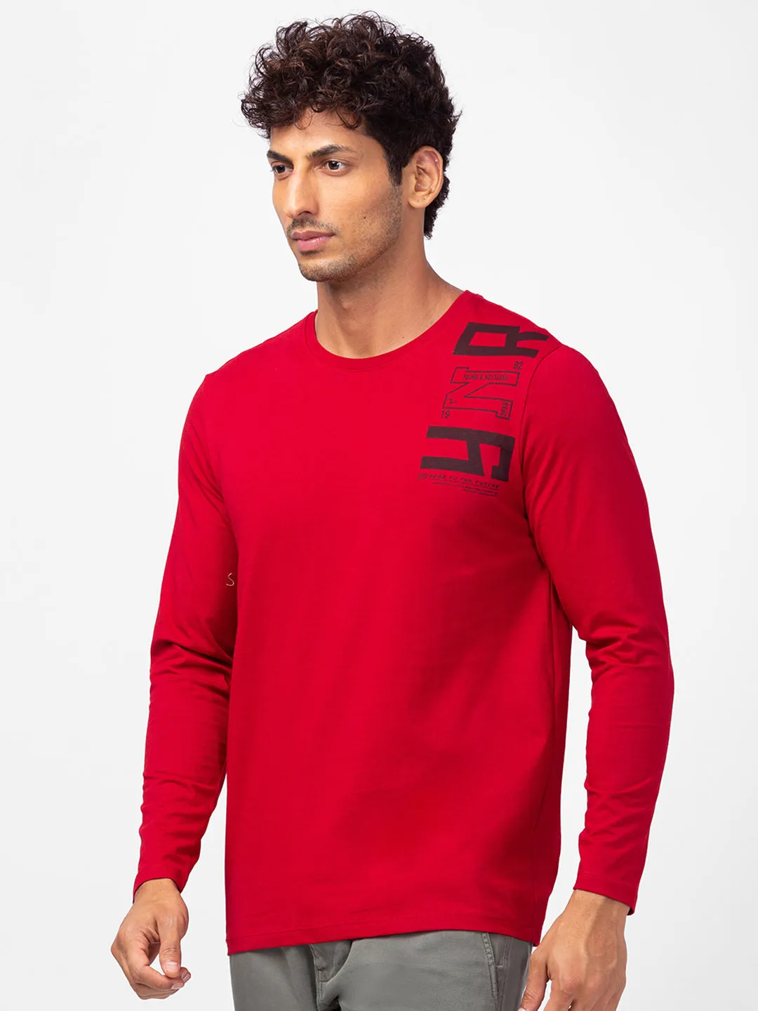 Spykar Men Deep Red Cotton Slim Fit Round Neck Printed T-Shirt