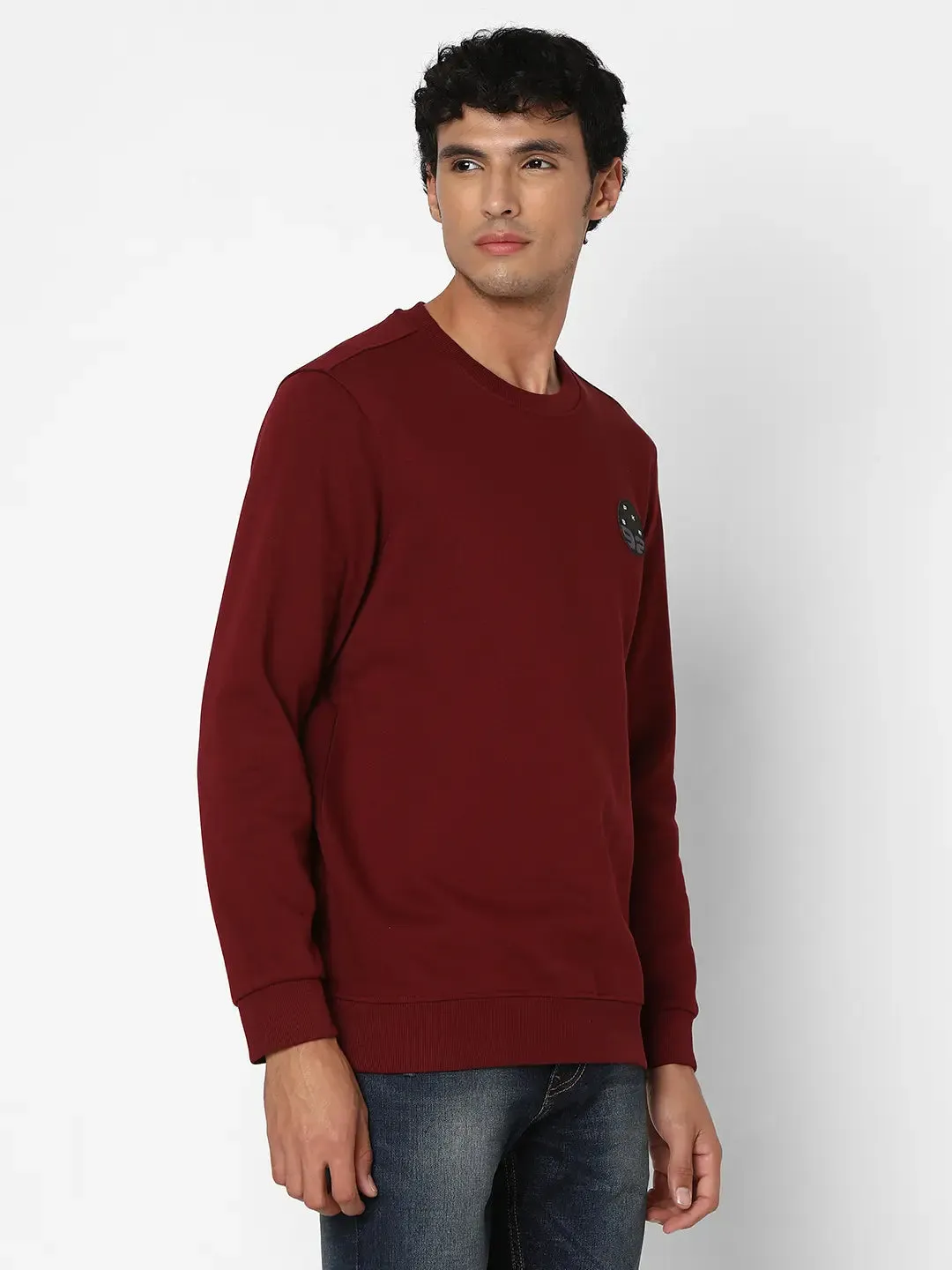 Spykar Men Wine Red Blended Slim Fit Full Sleeve Round Neck Plain Casual Sweatshirt