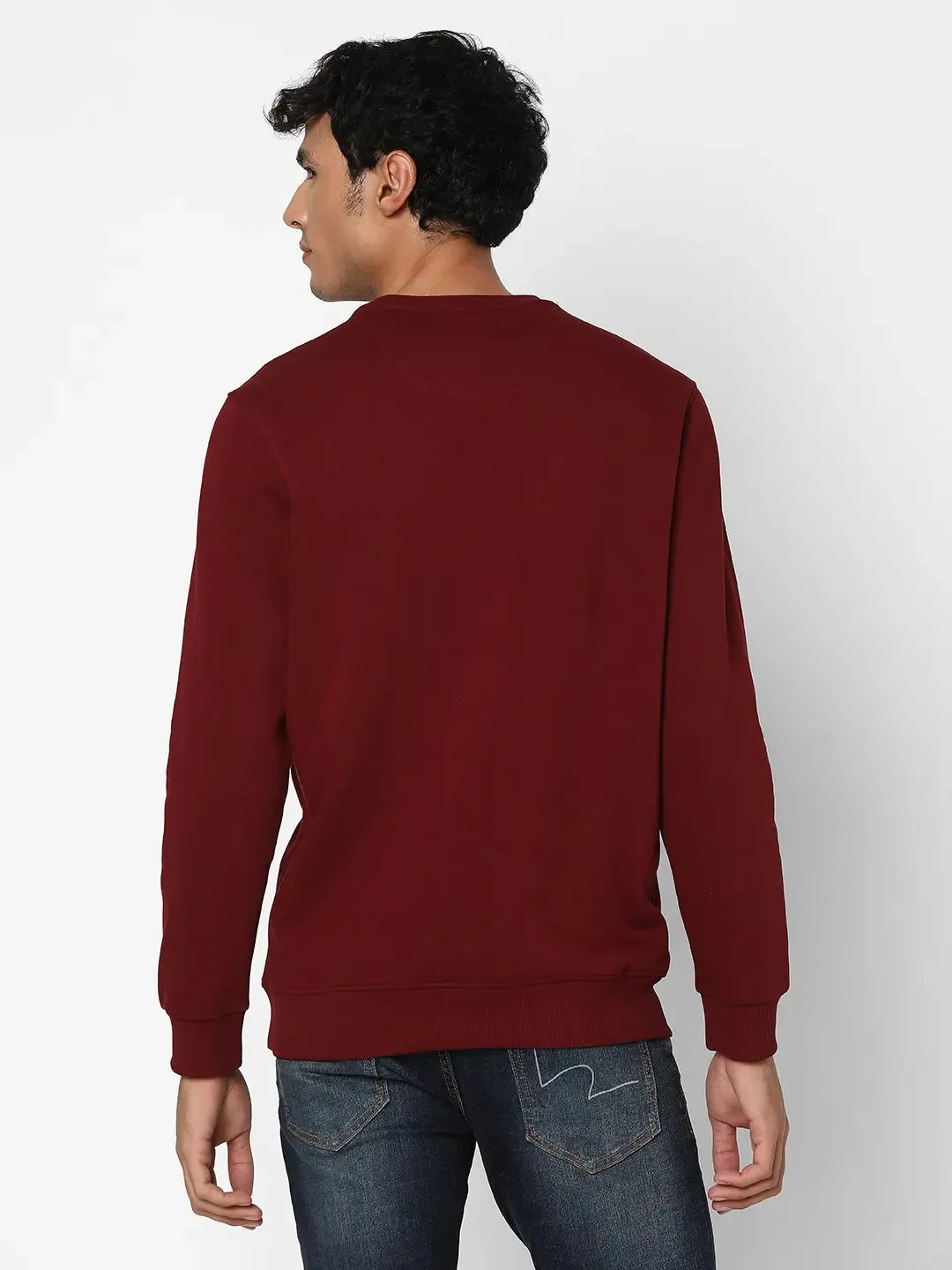 Spykar Men Wine Red Blended Slim Fit Full Sleeve Round Neck Plain Casual Sweatshirt