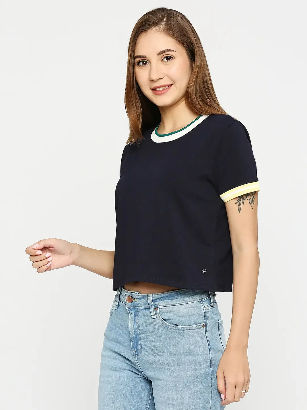 Spykar Women Navy Blue Cotton Slim Fit Round Neck Plain Crop Top