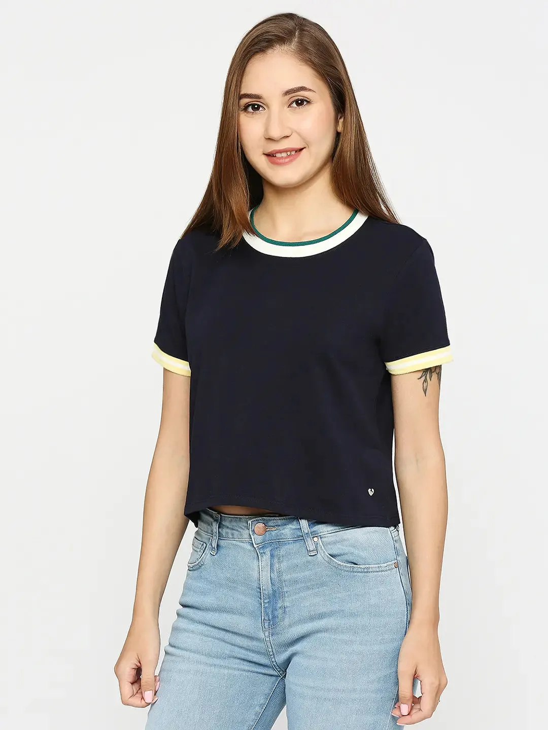 Spykar Women Navy Blue Cotton Slim Fit Round Neck Plain Crop Top