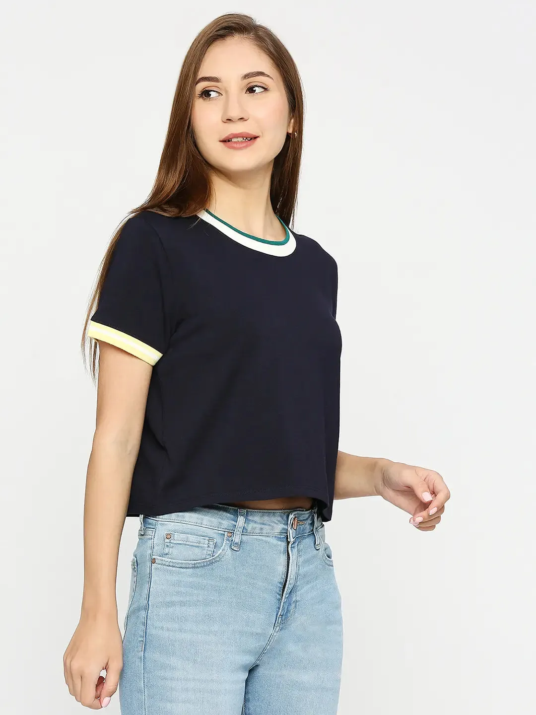 Spykar Women Navy Blue Cotton Slim Fit Round Neck Plain Crop Top