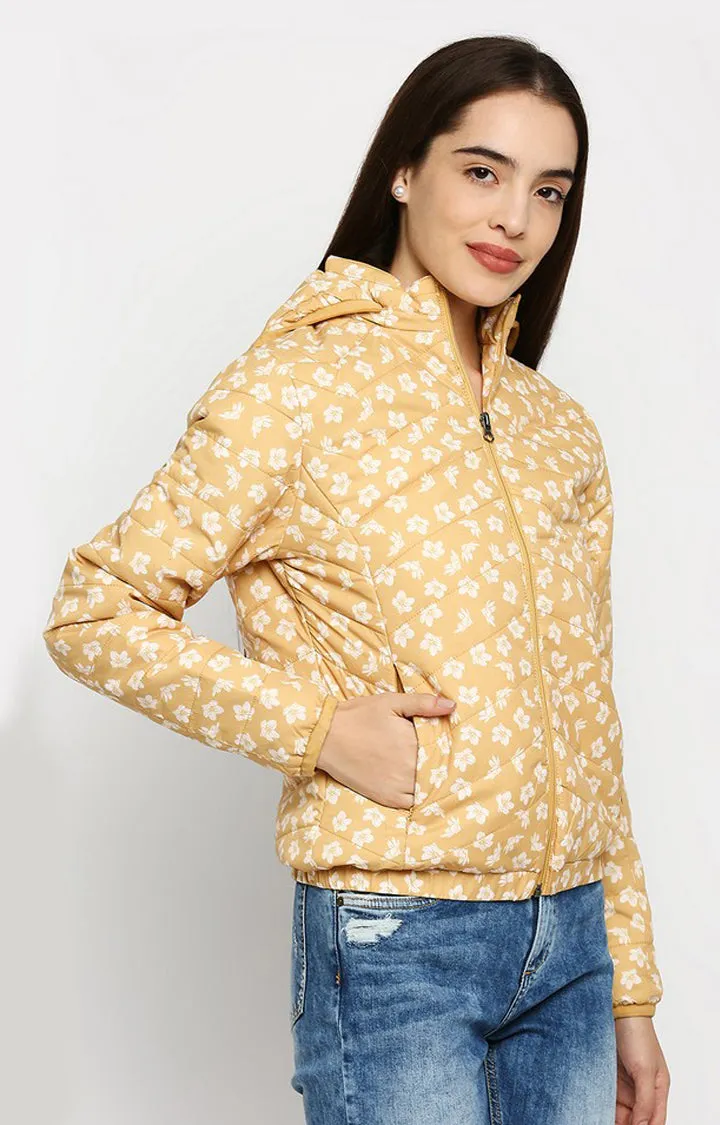 Spykar Women Yellow Cotton Regular Fit Hoodie Jacket