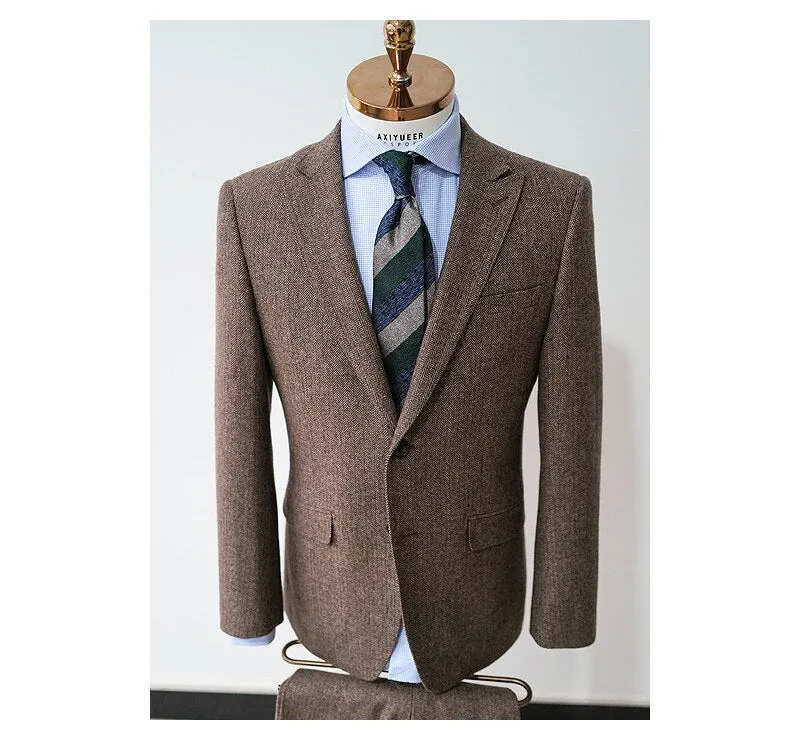 Tailor Shop Wool Herringbone Pattern Suit Men's Three-piece British Retro Tweed Slim Formal Dress Groom Wedding Dress Suit