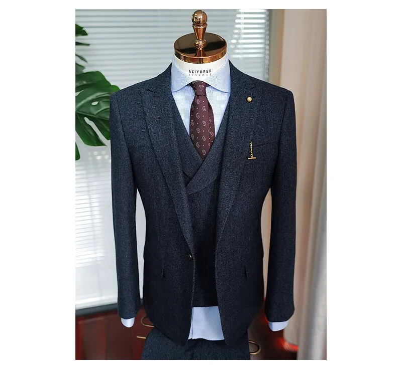 Tailor Shop Wool Herringbone Pattern Suit Men's Three-piece British Retro Tweed Slim Formal Dress Groom Wedding Dress Suit